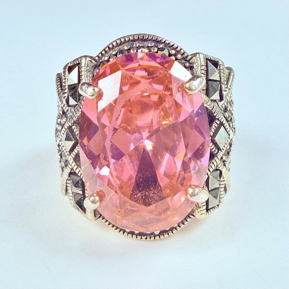 Jewelry - Vintage Large 21 CT Pink Cubic Zirconia CZ & Marcasite Sterling Silver 925 Ring